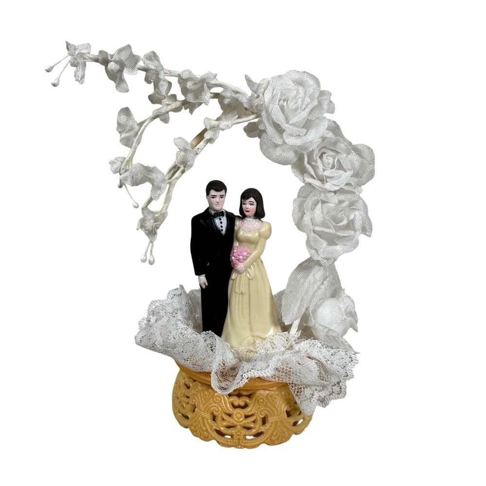 Vintage Bride and Groom Wedding Cake Topper Floral Arch Lace Base 6 Inch